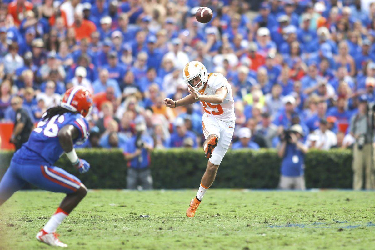 Sophomore Aaron Medley kicks off to Florida during the second half of the Tennessee-Florida game on Sept. 26.