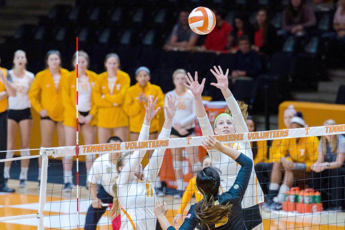 Erica Treiber, #7, at the net blocking an attack from Missouri on Nov. 4, 2016 at Thompson Boling Arena.