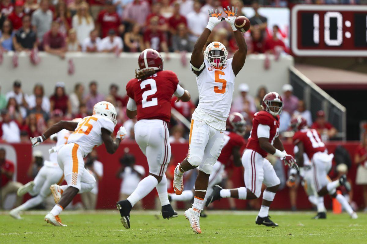 Defensive lineman Kyle Phillips #5 of the Tennessee Volunteers during the game between the Alabama Crimson Tide and the Tennessee Volunteers at Bryant-Denny Stadium in Tuscaloosa, AL on Oct. 21, 2017.