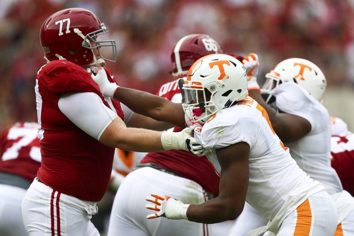 Defensive lineman Kyle Phillips #5 of the Tennessee Volunteers during the game between the Alabama Crimson Tide and the Tennessee Volunteers at Bryant-Denny Stadium in Tuscaloosa, AL on Oct. 21, 2017.