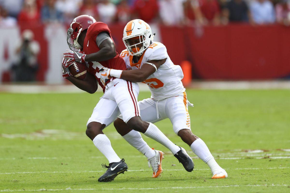 Defensive back Shawn Shamburger #15 of the Tennessee Volunteers during the game between the Alabama Crimson Tide and the Tennessee Volunteers at Bryant-Denny Stadium in Tuscaloosa, AL on Oct. 21, 2017.