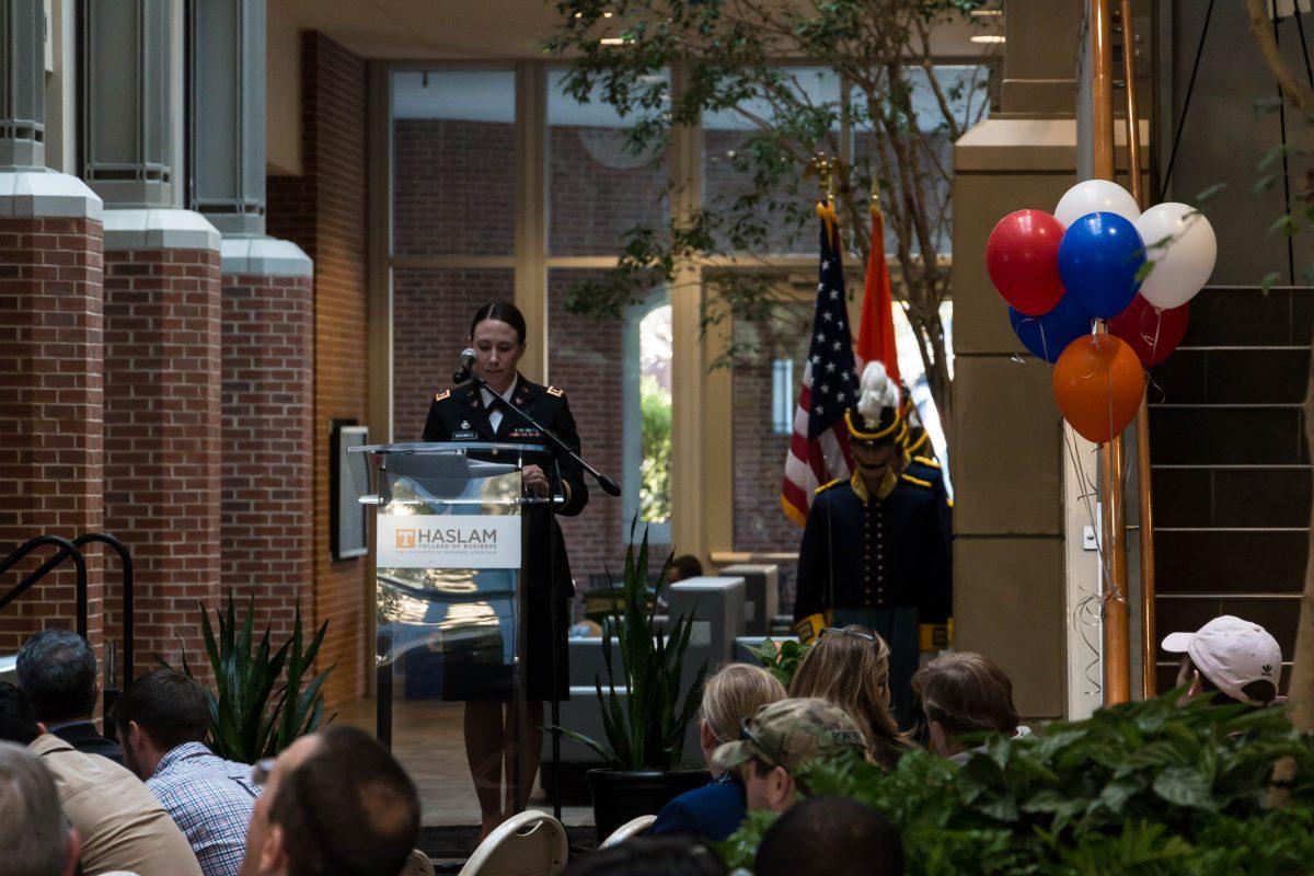 First Lieutenant Amanda Bromeli, MBA Student, spoke at the Veteran's Salute on Nov. 9, 2017. 