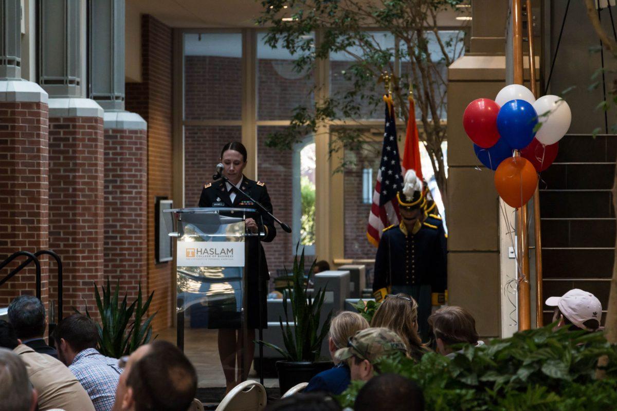 First Lieutenant Amanda Bromeli, MBA Student, spoke at the Veteran's Salute on Nov. 9, 2017. 