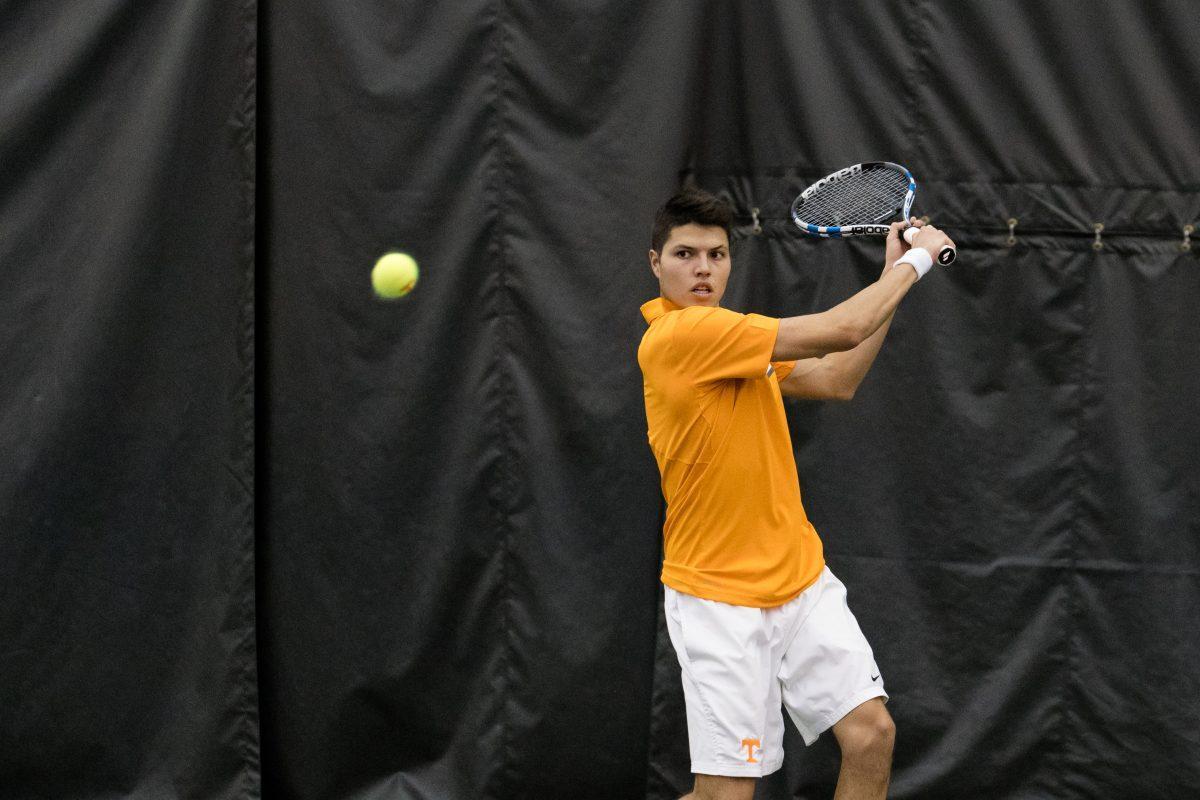 FILE: Luis Valero during his singles match against Eastern Kentucky at Goodfriend Tennis Center on January 14, 2017.