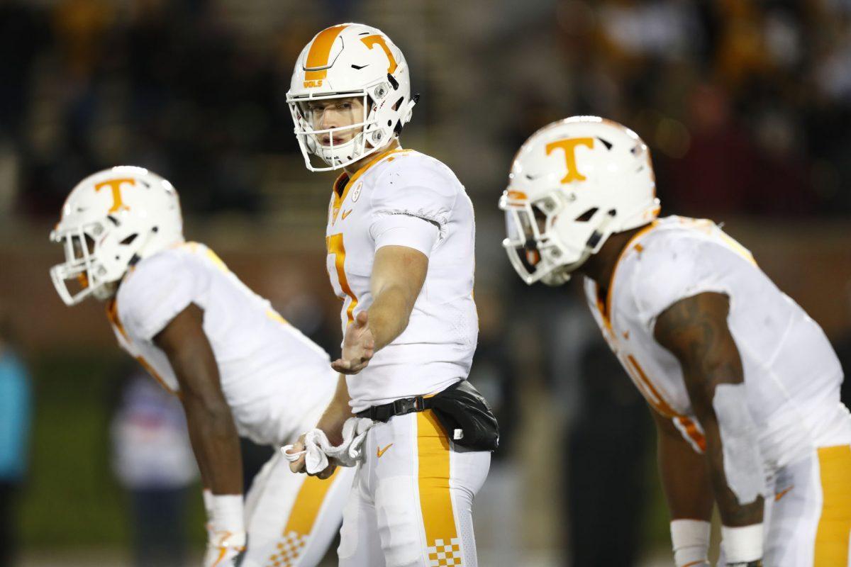 Will McBride, #17, of the Tennessee Volunteers during the game against the Missouri Tigers at Memorial Stadium in Columbia, MO on Nov. 11, 2017.