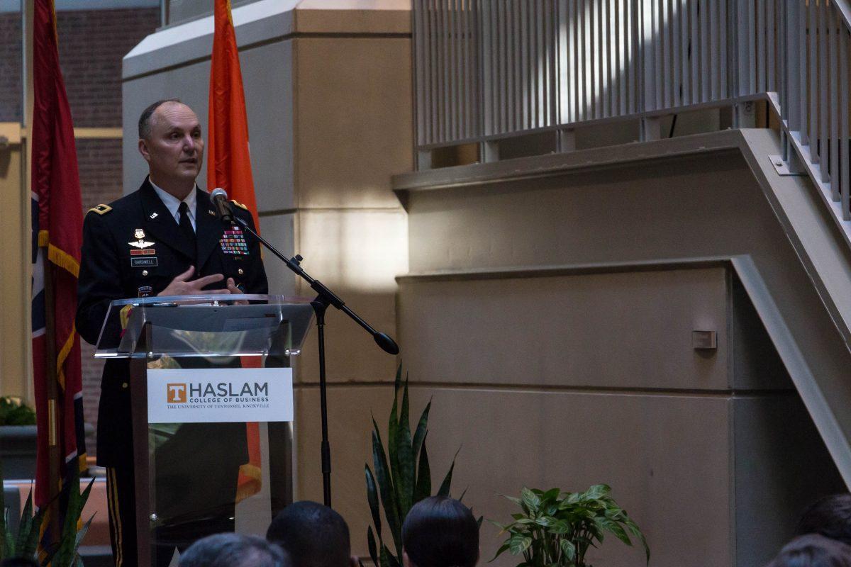 The Keynote Address at the Veteran's Salute on Nov. 9, 2017 was given by Major General John Cardwell a graduate of UT in 84'