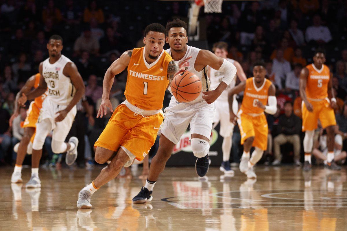Guard Lamonte Turner #1 of the Tennessee Volunteers during the game between the Georgia Tech Yellow Jackets and the Tennessee Volunteers at McCamish Pavilion in Atlanta, GA on Dec. 3, 2017.