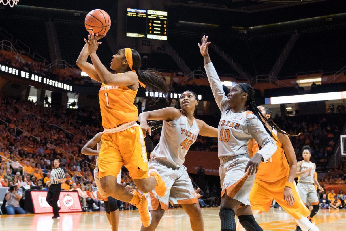 FILE - Anastasia Hayes, #1, during the game against Texas at Thompson-Boling Arena on Dec. 10, 2017.