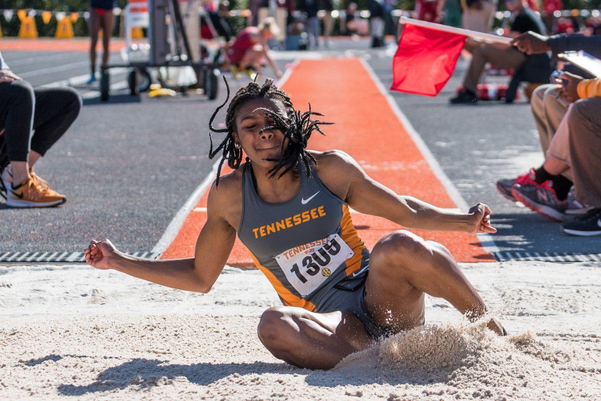 FILE - Cidae'a Woods in the women's long jump during the Tennessee Relays at Tom Black track on April 7, 2017.