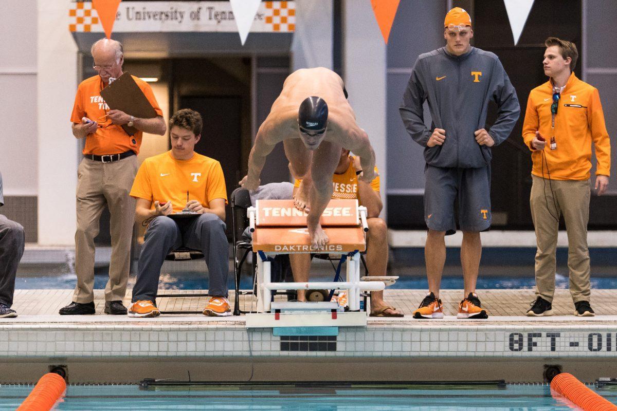 FILE - Peter Stevens in the 200 breaststroke during the double meet against Kentucky and Indiana at Allan Jones Intercollegiate Aquatic Center on Oct. 27, 2017.