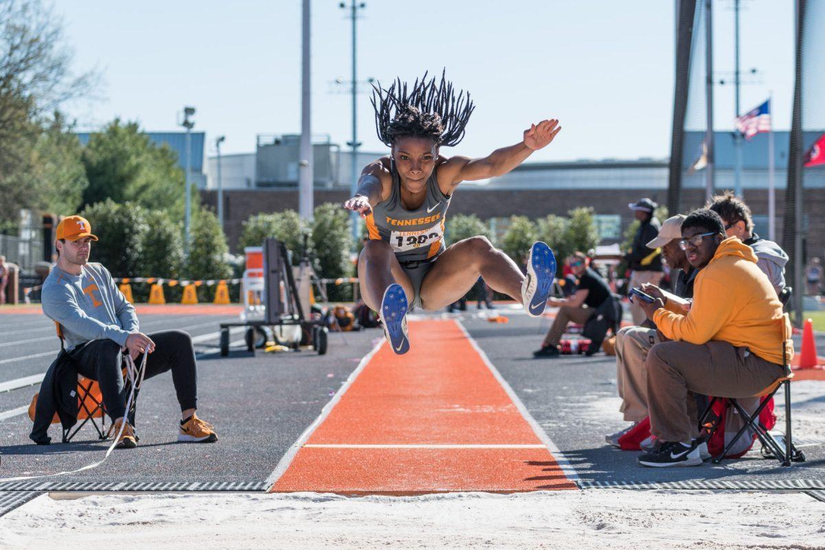 FILE - Cidae'a Woods in the women's long jump during the Tennessee Relays at Tom Black track on April 7, 2017.