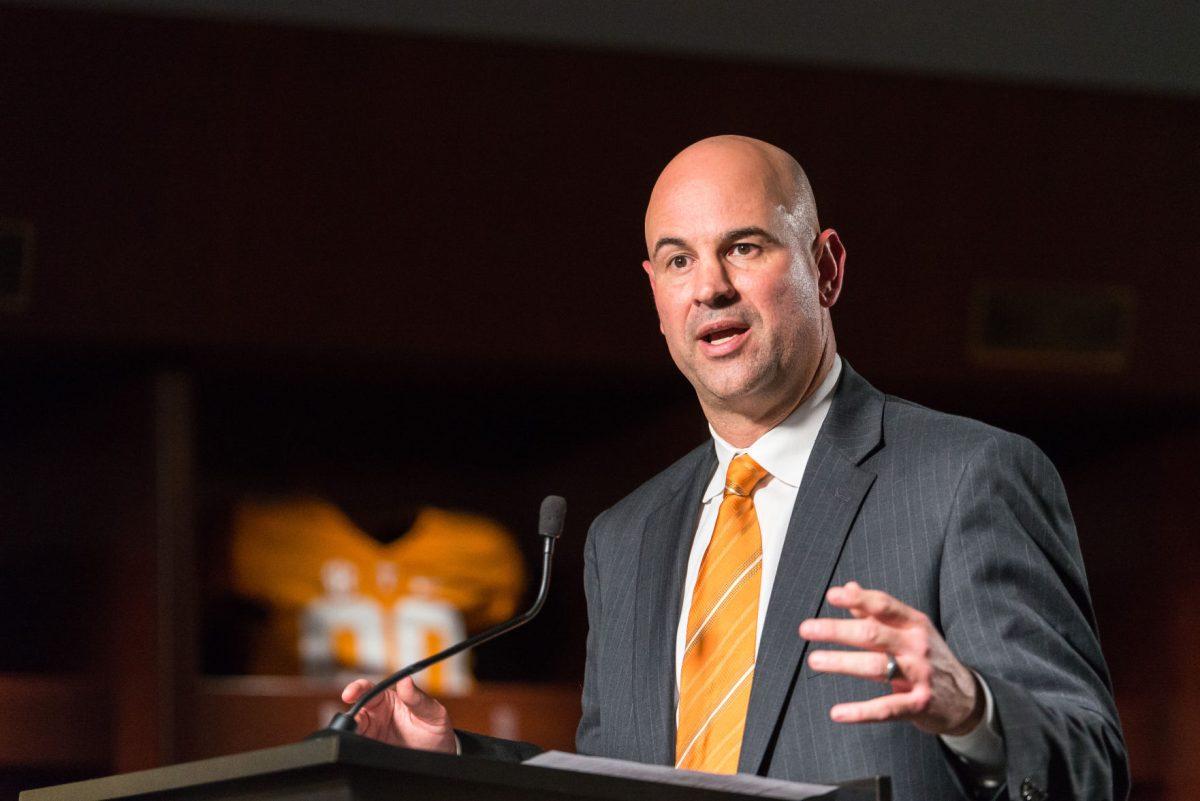 FILE - Jeremy Pruitt, head coach of the Tennessee Volunteers football team speaks with the media on Dec. 7, 2017.