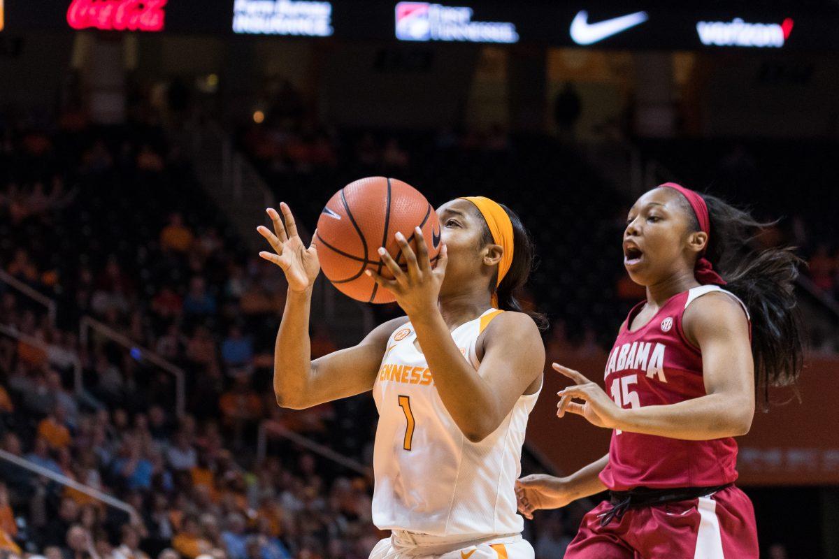Anastasia Hayes, #1, during the game against Alabama at Thompson-Boling Arena on Feb. 15, 2018.