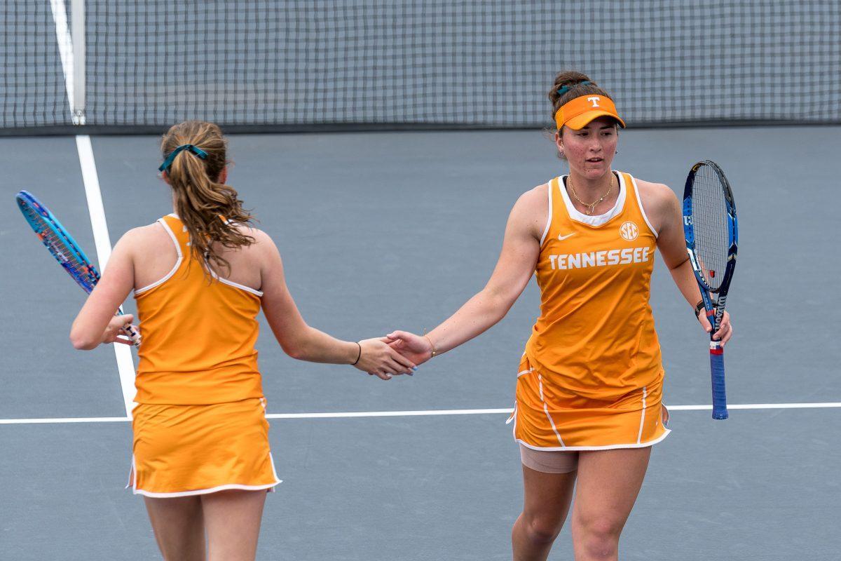 Saddie Hammond and Gabby Schuck during their doubles match against Georgia at Barksdale Stadium on Apr. 1, 2017.