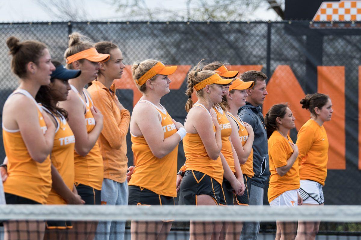 File: The Tennessee Lady Volunteers during the meet against Mississippi State at Barksdale Stadium on March 24, 2017.