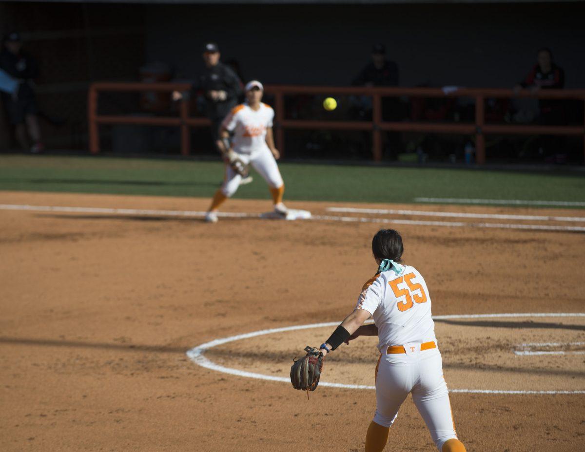 Infielder Meghan Gregg make a throw to first base during the game against Georgia on March 3, 2018.