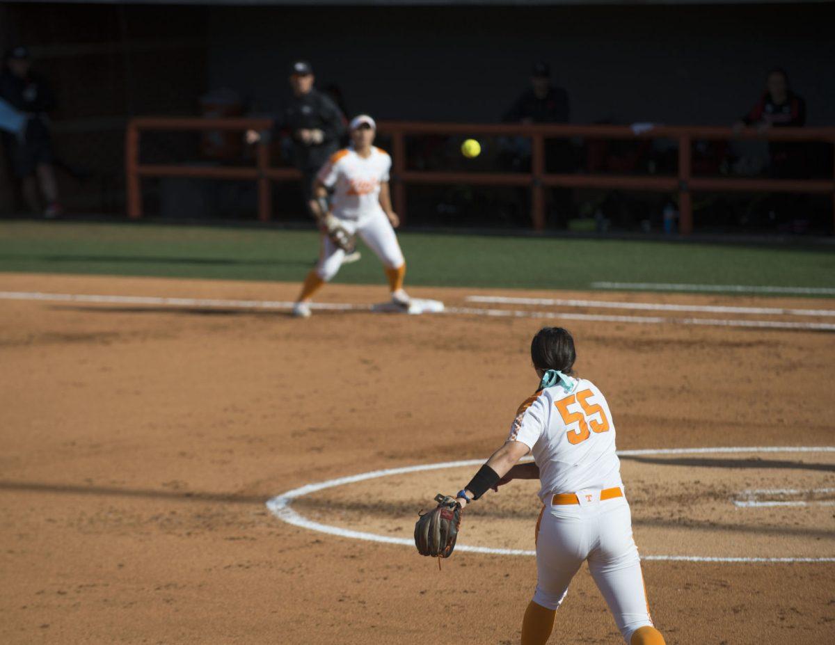 Infielder Meghan Gregg make a throw to first base during the game against Georgia on March 3, 2018.