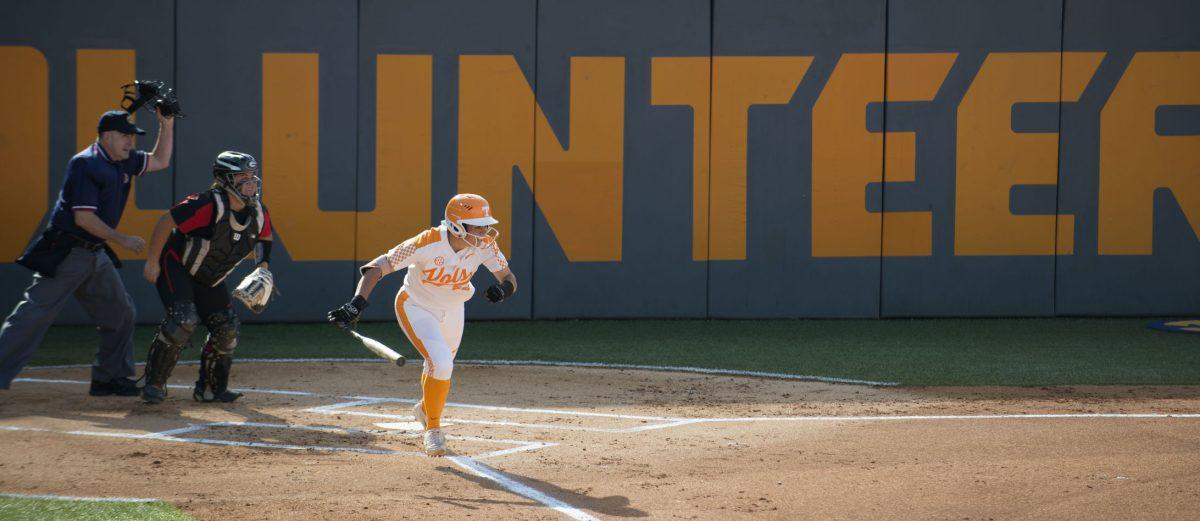 UT infielder Meghan Gregg, #55, has a hit on March 31, 2018.