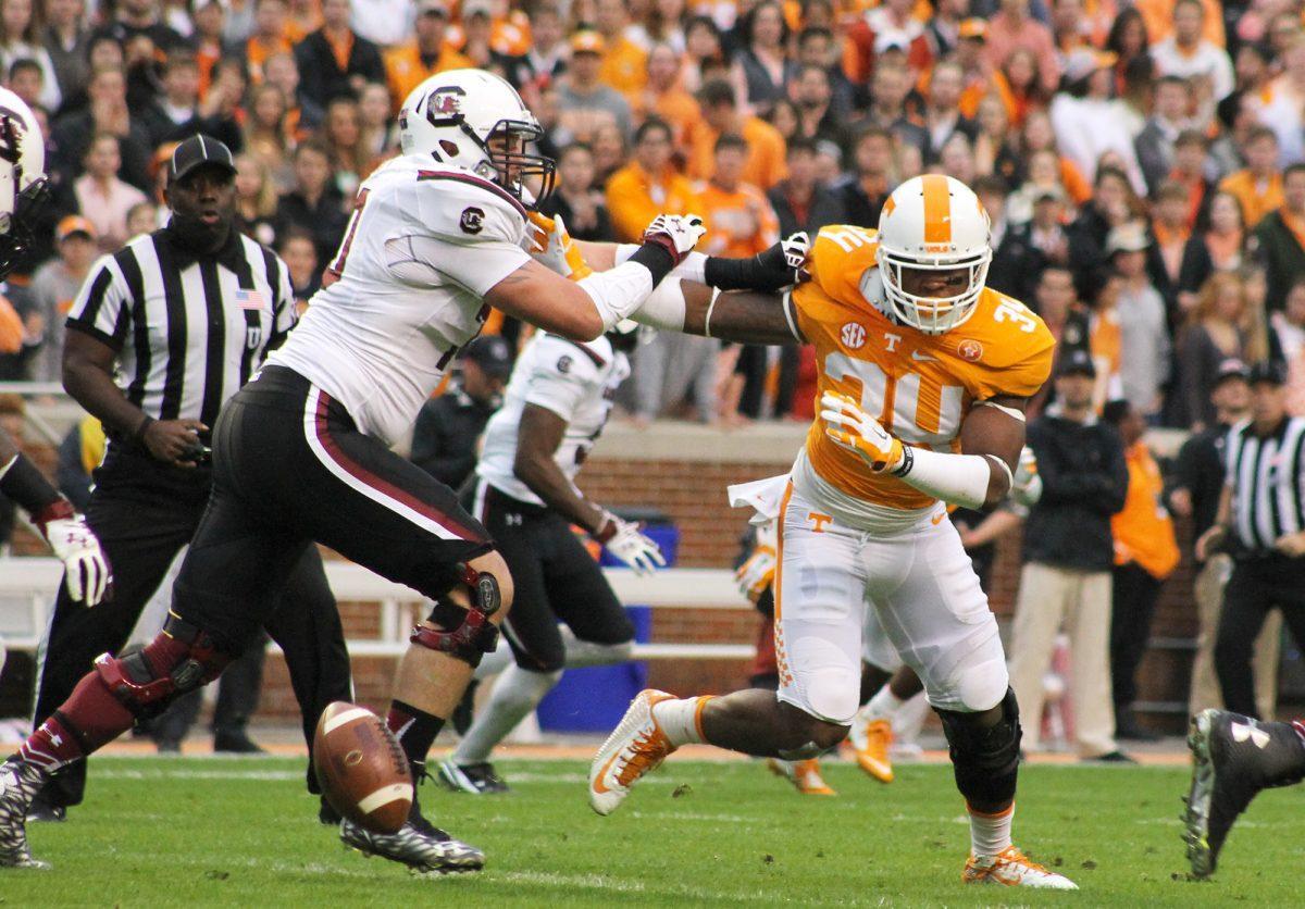 Freshman Darrin Kirkland Jr. blocks a South Carolina player during the 27-24 winning game against the Gamecocks.
