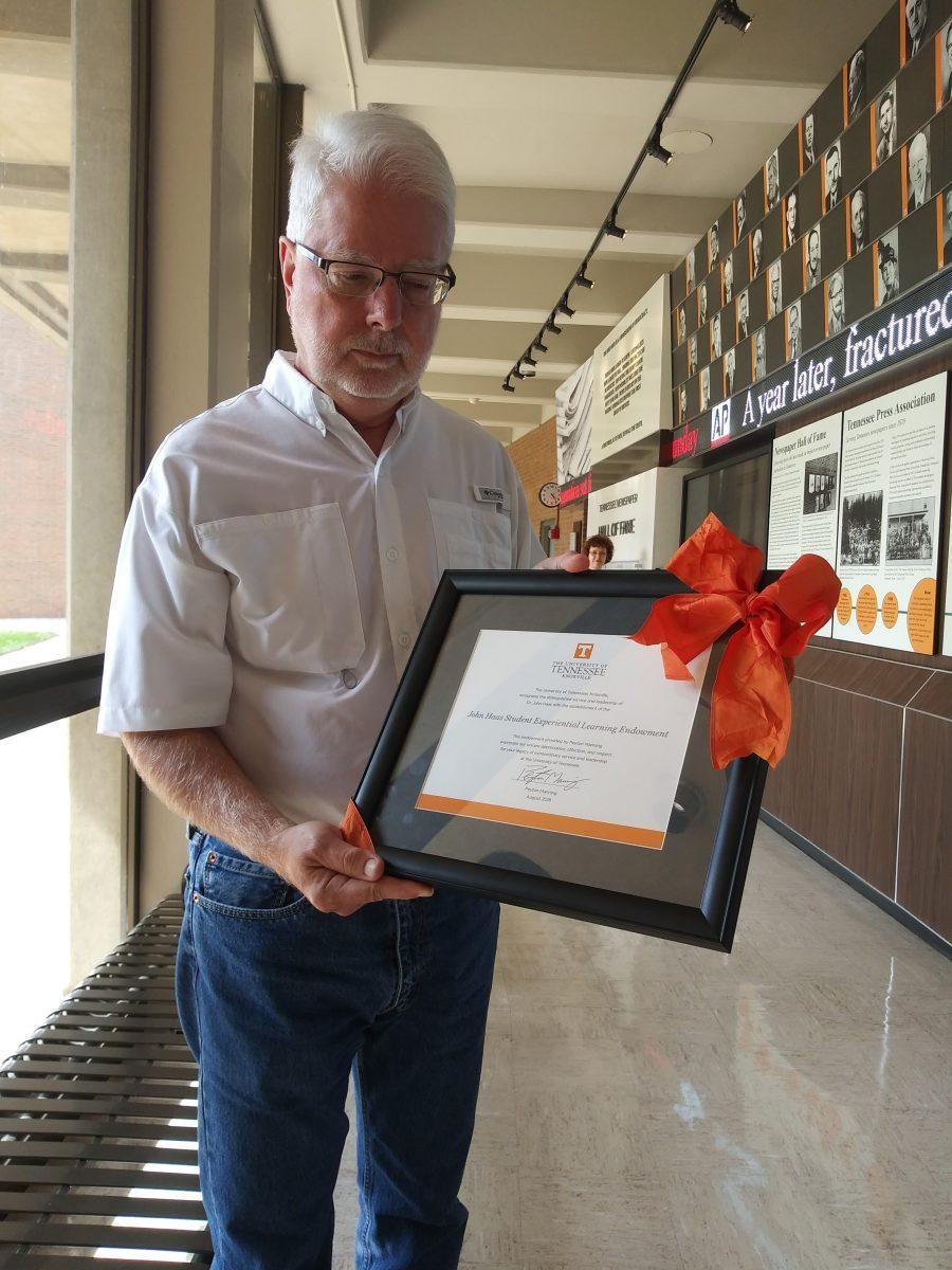 Dr. John Haas received an endowment from Communication Studies alumnus Peyton Manning on Friday, August 24. 
