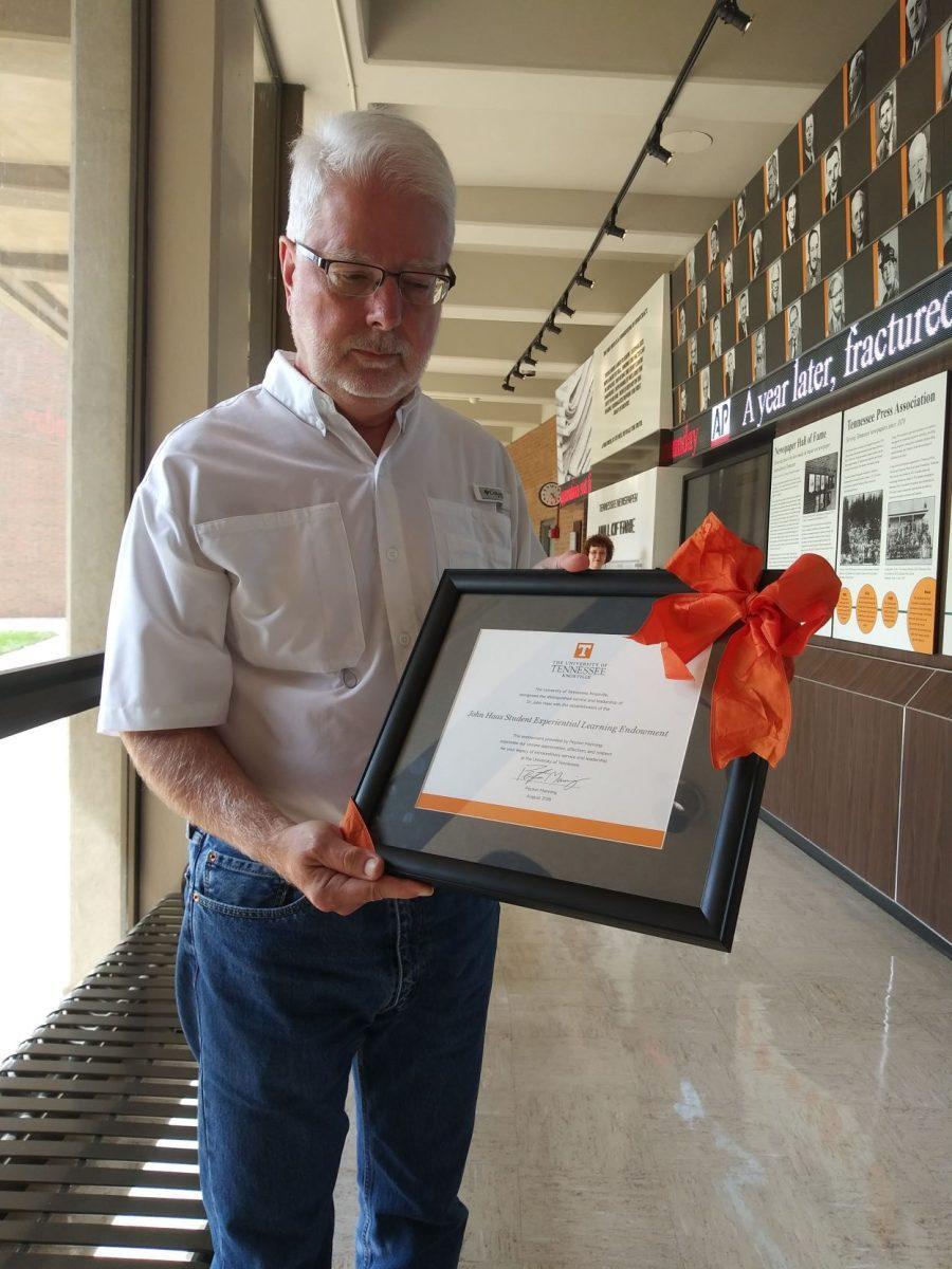 Dr. John Haas received an endowment from Communication Studies alumnus Peyton Manning on Friday, August 24. 