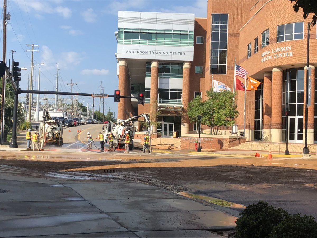A water main break closed Lake Loudoun Boulevard on Wednesday, Aug. 8, 2018. 