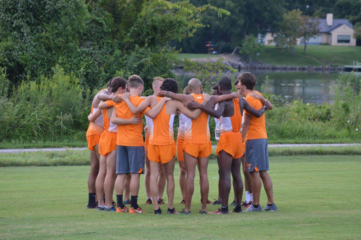 The Tennessee mens cross country team gathers together prior to their race against Louisville on Aug. 31, 2018.