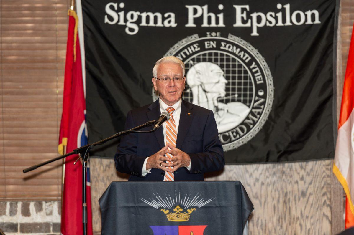 Interim Chancellor Wayne Davis addresses the family members of incoming first-years students at the Balanced Men Scholarship Banquet on Thursday, August 16. 