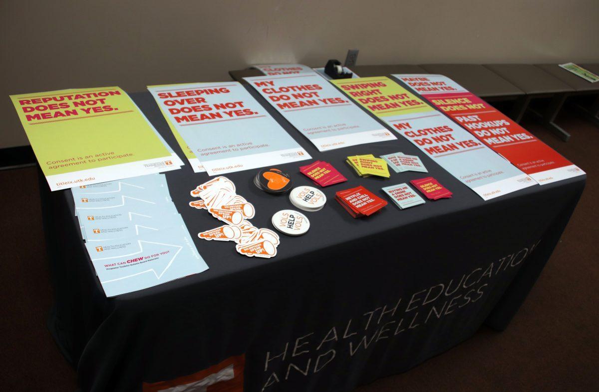 The Center for Health Education and Wellness (CHEW) provided stickers and posters promoting consent and Title IX. Friday, Sept. 14, 2018. 