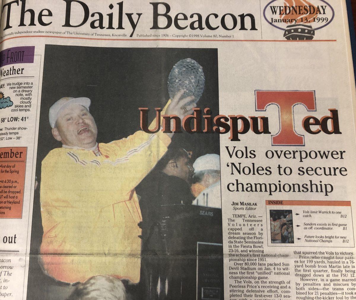 Headline in The Daily Beacon of Tennessee's national championship victory during the 1998 season. 
