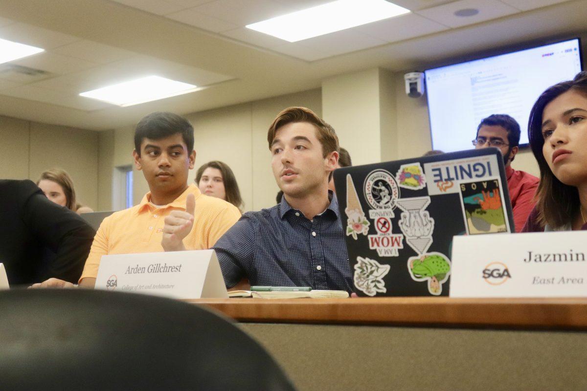 Arden Gillchrest, representing the College Arts and Architecture, states his opinion on the plastic straw debate at the SGA Senate meeting on Sept. 11, 2018. 