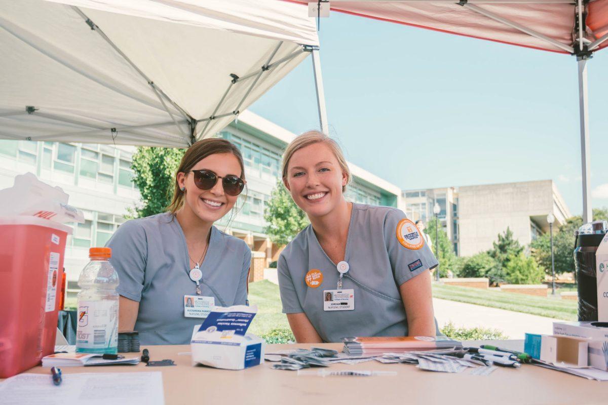 Jordan and Alexandra were assisting distributing flu shots for students on Sept. 21, 2019 at the Flu Shots at the Rock pop up pharmacy. 