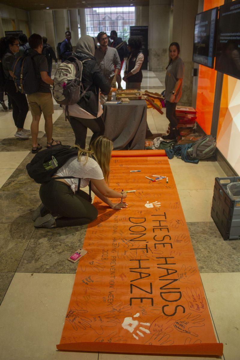 The Student Government Association leads students to pledge against hazing on Friday, Sept. 27, 2018.