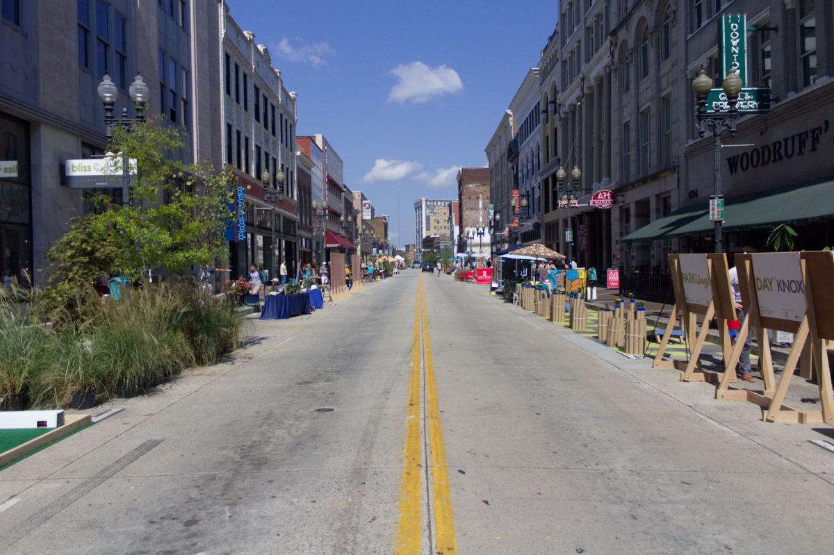 The first annual Park(ing) Day takes place on Gay Street in downtown Knoxville on Sept. 21, 2018. 