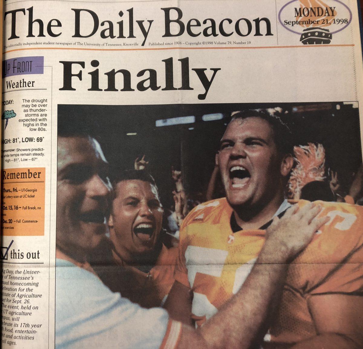 Headline in The Daily Beacon of Tennessee's victory over Florida during the 1998 season. 