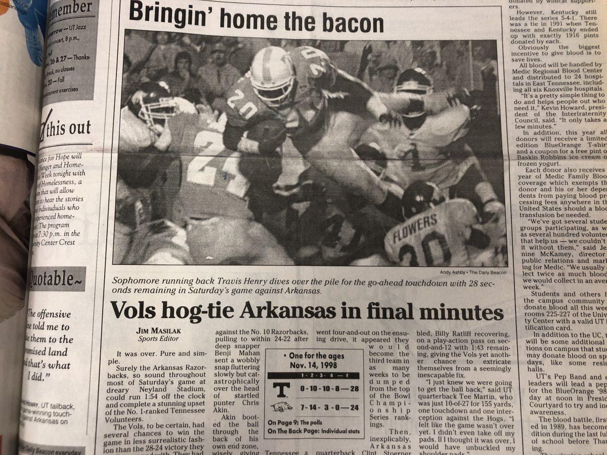 Headline in The Daily Beacon of Tennessee's victory over Arkansas during the 1998 season. 