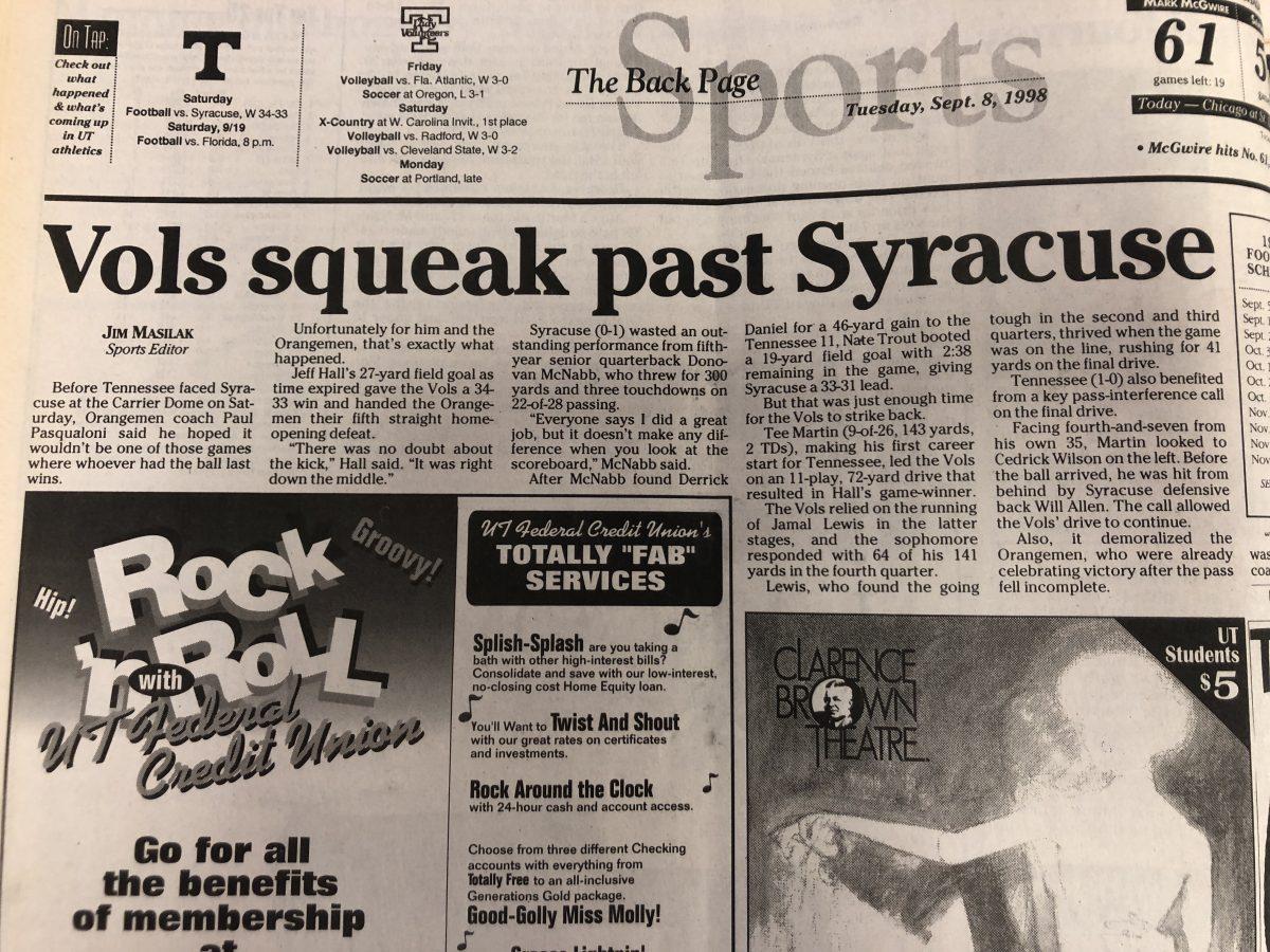 Headline in The Daily Beacon of Tennessee's victory over Syracuse during the 1998 season. 