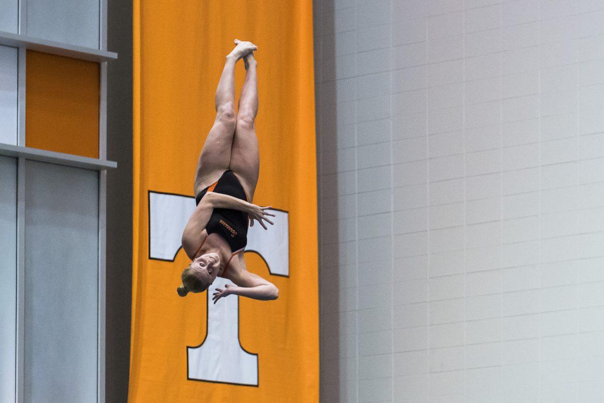 File: Rachel Rubadue in the 3-meter springboard during the Tennessee Invitational at Allan Jones Intercollegiate Aquatic Center on Dec. 1, 2017.