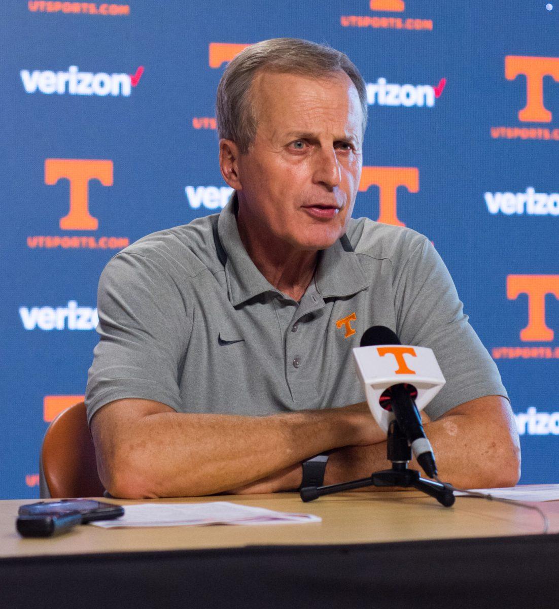 Tennessee basketball head coach Rick Barnes speaks with the media at media day on Oct. 4, 2018 at the Ray and Lucy Hand Digital Studio. 