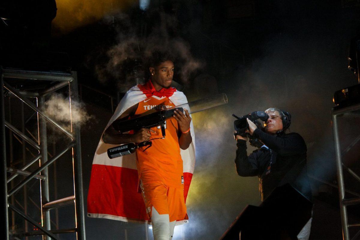 The Tennessee Mens Basketball Team shot t-shirt canons into the crowd at the Rocky Top Tip Off event at Thompson-Boling Arena on Oct.19, 2018.
