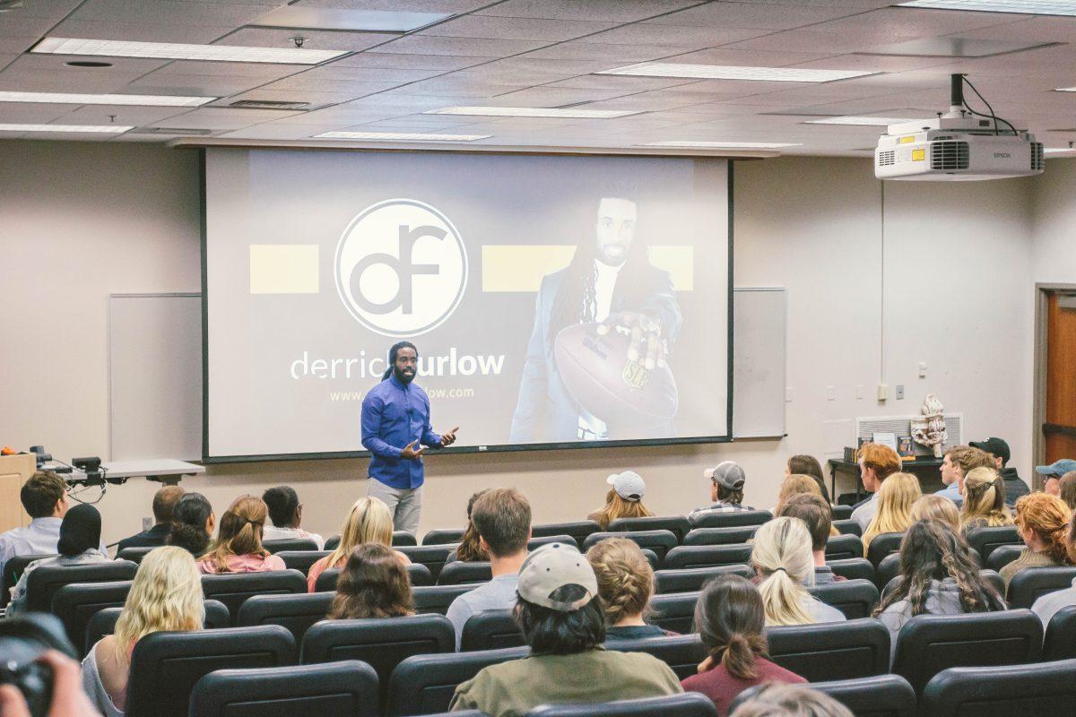 Derrick Furlow speaks to the Leadership Studies Academic Community in Alumni Memorial Building on Oct. 25, 2018. 