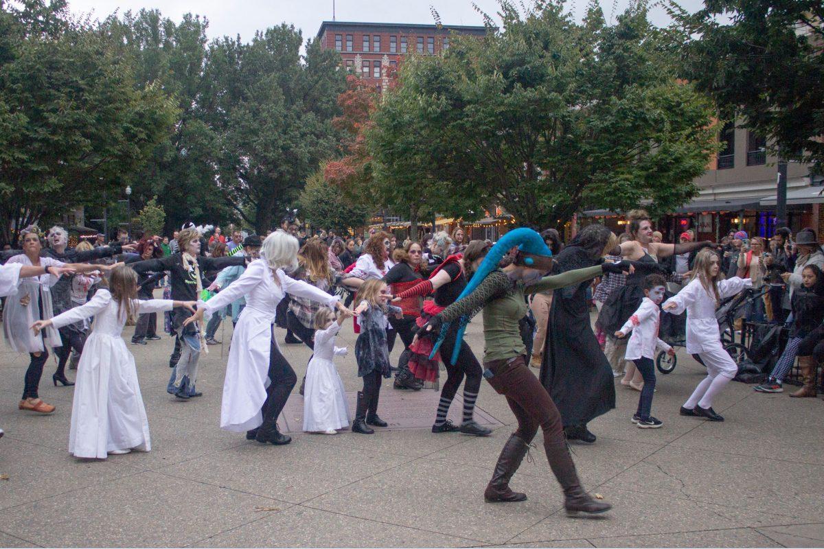 Dancers perform Michael Jackson's "Thriller" for Knoxville's Thrill the World dance on Oct. 27, 2018. 