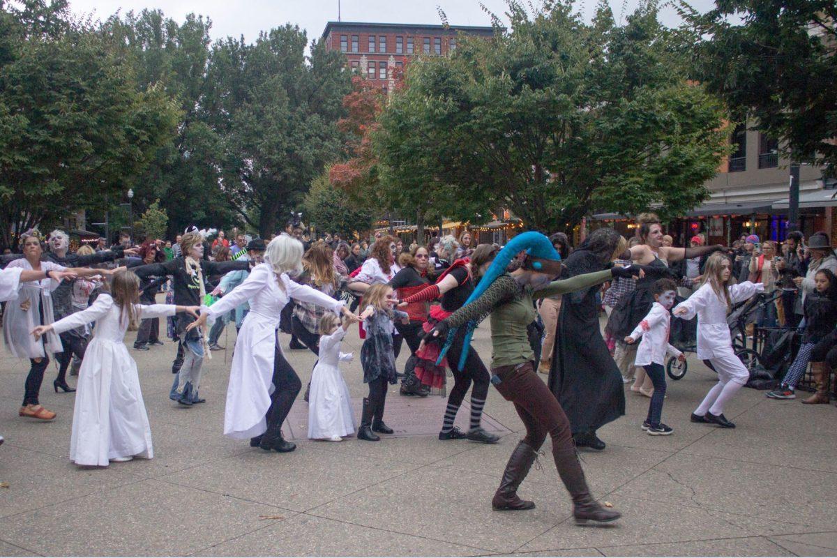 Dancers perform Michael Jackson's "Thriller" for Knoxville's Thrill the World dance on Oct. 27, 2018. 