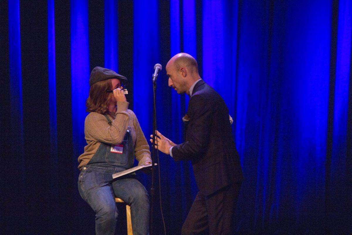 Cecil Baldwin (right) talks to an audience member (right) on stage during the Welcome To Night Vale show at the Bijou Theatre on October 1, 2018.