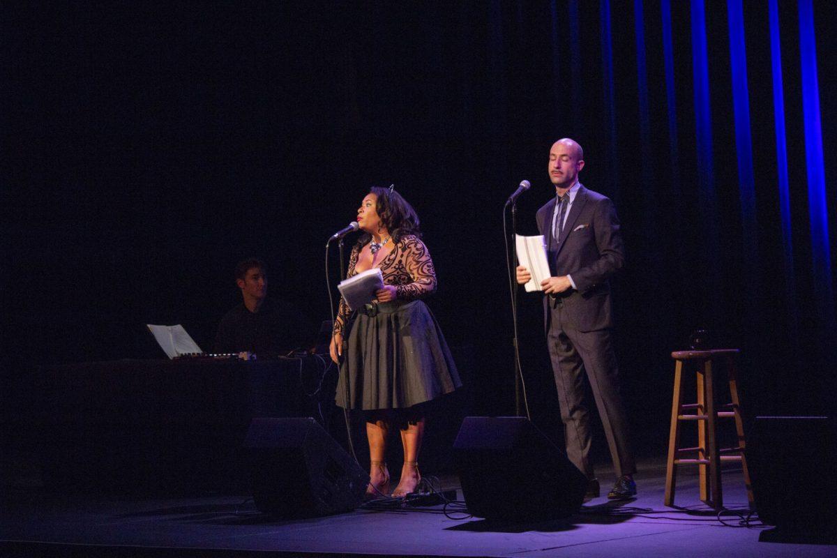 From left to right, Disparition, Symphony Sanders and Cecil Baldwin perform for the Welcome To Night Vale show at the Bijou Theatre on October 1, 2018.