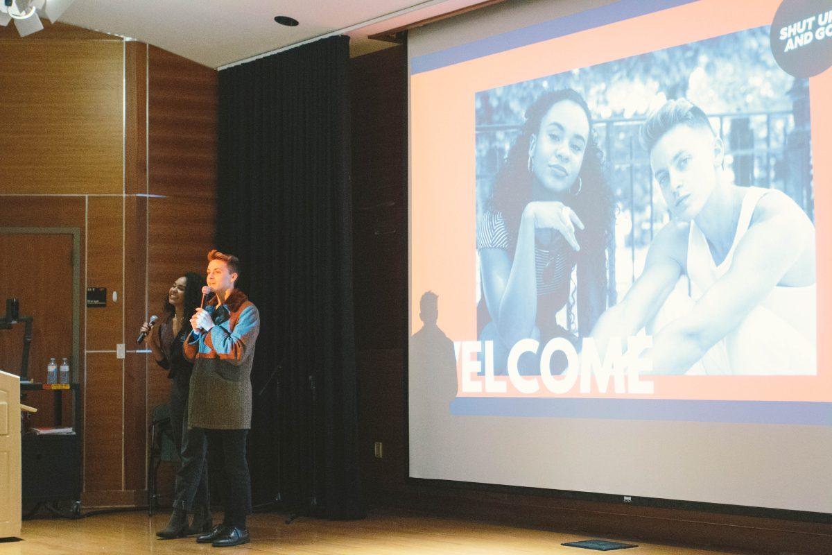 Damien and Jo speak about their part of the Shut up and Go foundation at their lecture on Nov. 12, 2018. 