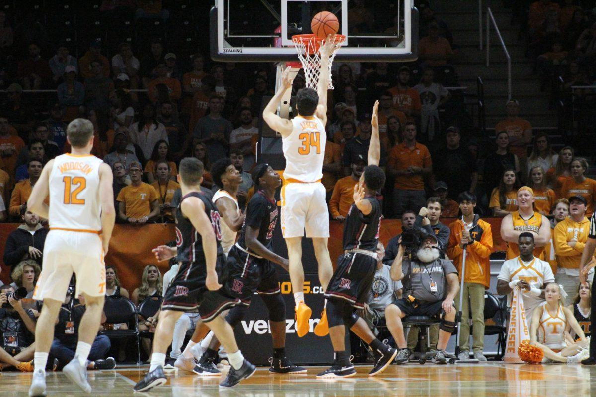 Brock Jancek, #34, shoots the ball during game against Lenior-Rhyne on Nov. 6, 2018 at Thompson-Boling Arena.