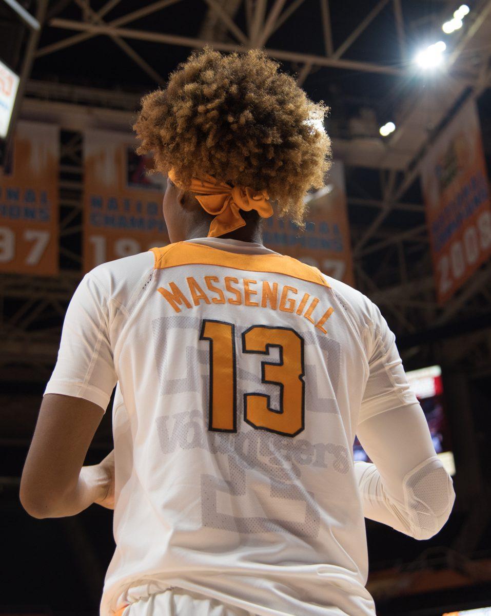 Jazmine Massengill, #13, passes the ball in during game against Presbyterian on Nov. 11, 2018 at Thompson-Boling Arena. 