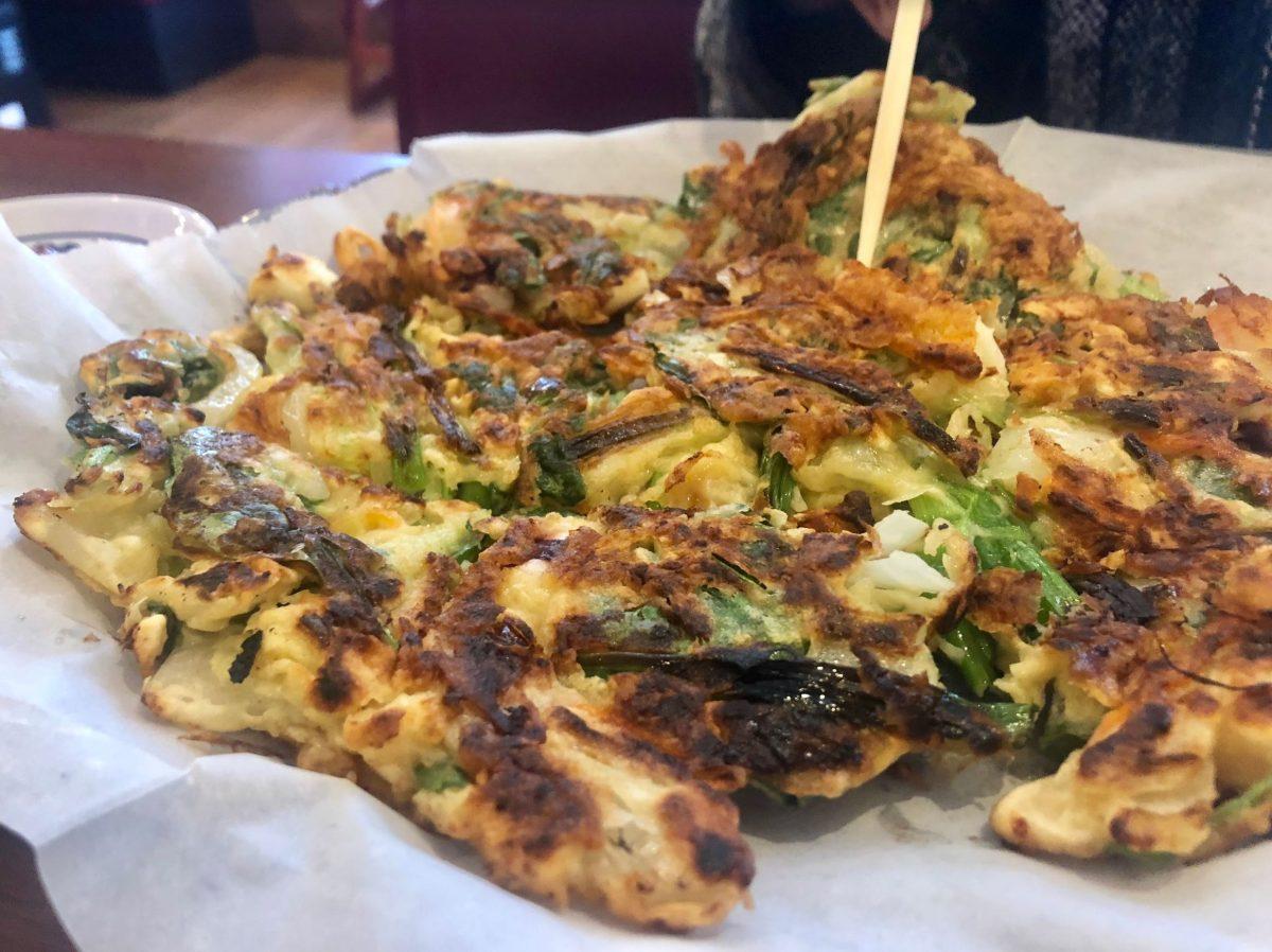 Kaya's seafood pancake includes shrimp and calamari.