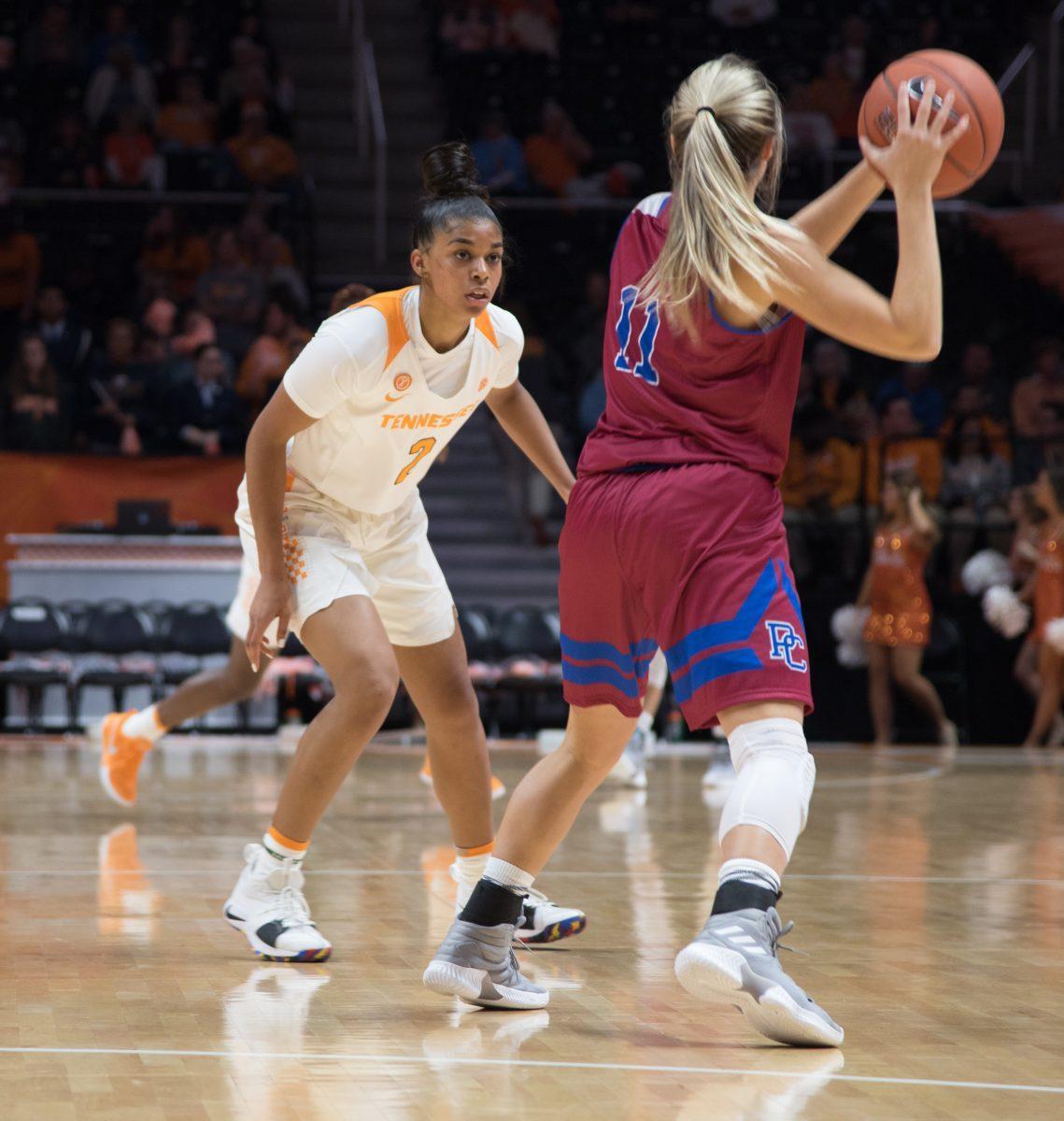 Evina Westbrook, #2 , defends during game against Presbyterian on Nov. 11, 2018 at Thompson-Boling Arena. 